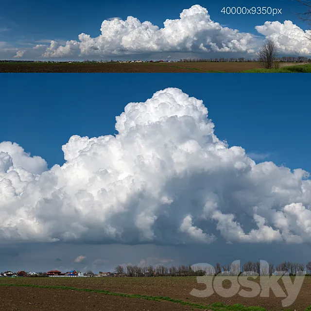 Panorama with beautiful cumulus clouds over the village. 40k 3D Model