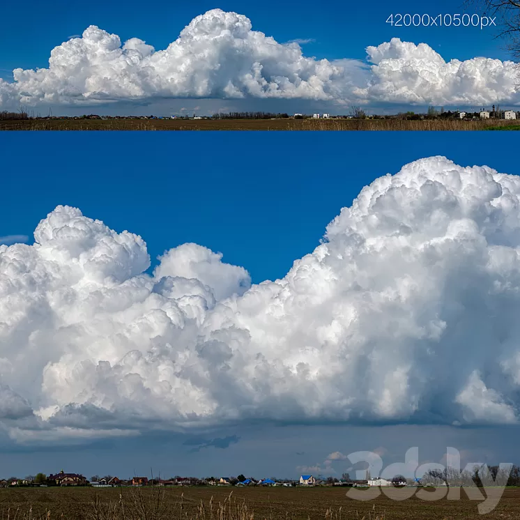 Panorama with beautiful cumulus clouds over the village. 42k 3D Model Panorama with beautiful cumulus clouds over the village. 42k 3D Model