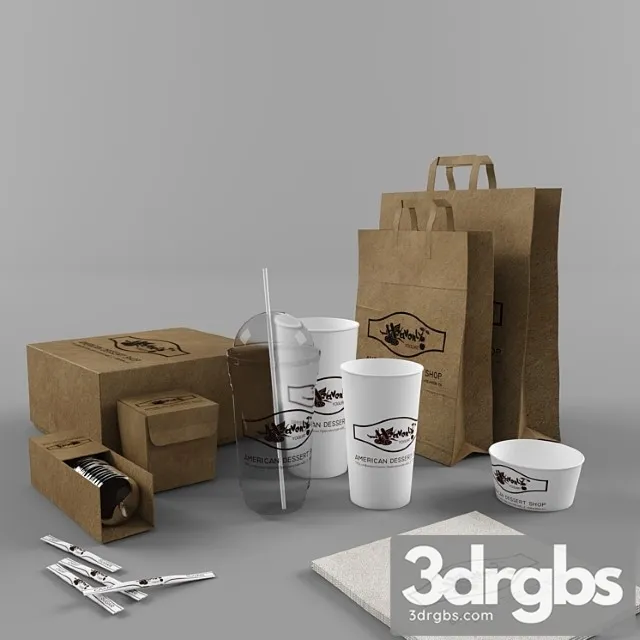 Paper bags and cups and packaging for cafe 3D Model Download