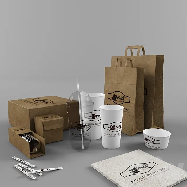 Paper bags and cups and packaging for Cafe 3DModel