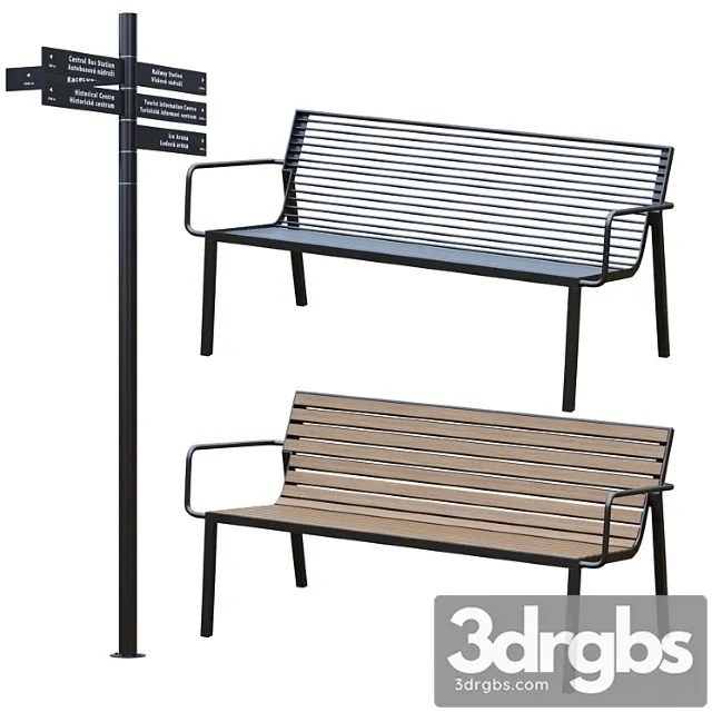 Park Benches Urna And Direction Signs From Mmtsite 3D Model Download