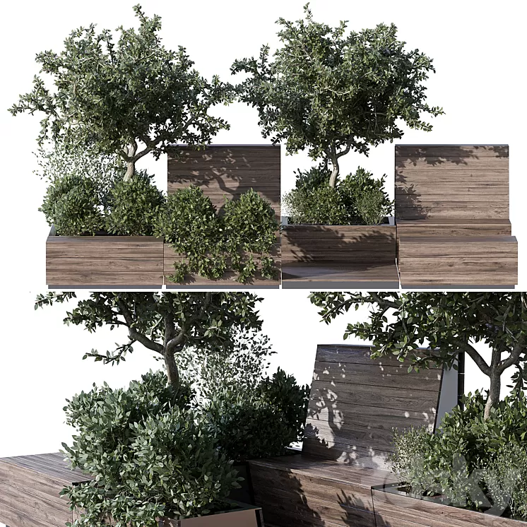 Parklet with bushes and trees – recreation area in the park and urban environment 3D Model Free Download
