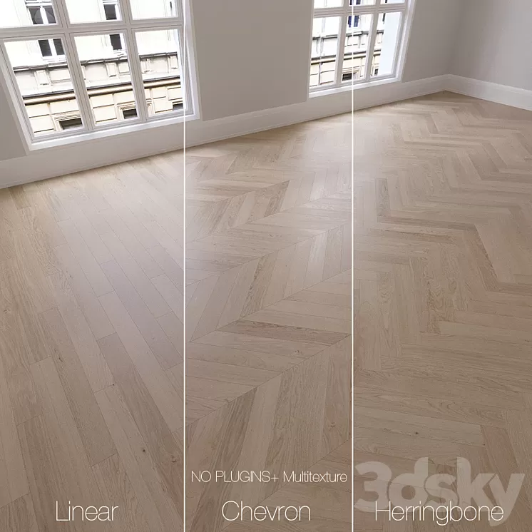Parquet natural oak Sapphire 3 types. Linear chevron herringbone. 3D Model