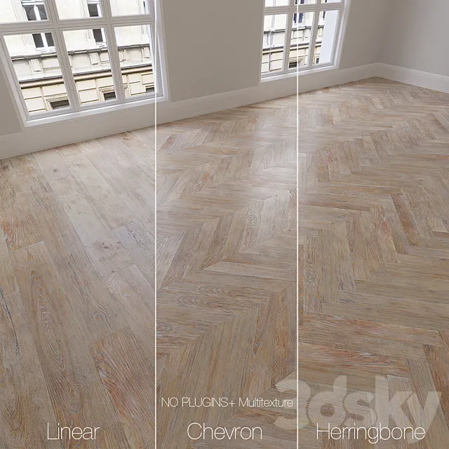 Parquet natural oak Scandinavian 3 types. Linear chevron herringbone. 3D Model Parquet natural oak Scandinavian 3 types. Linear chevron herringbone. 3D Model