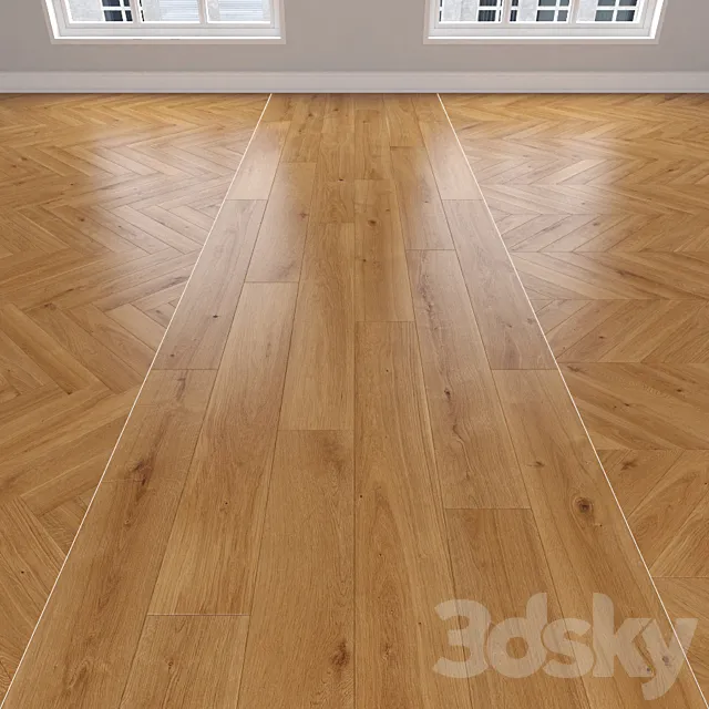 Parquet Oak caramel 3 types: herringbone linear chevron. 3D Model