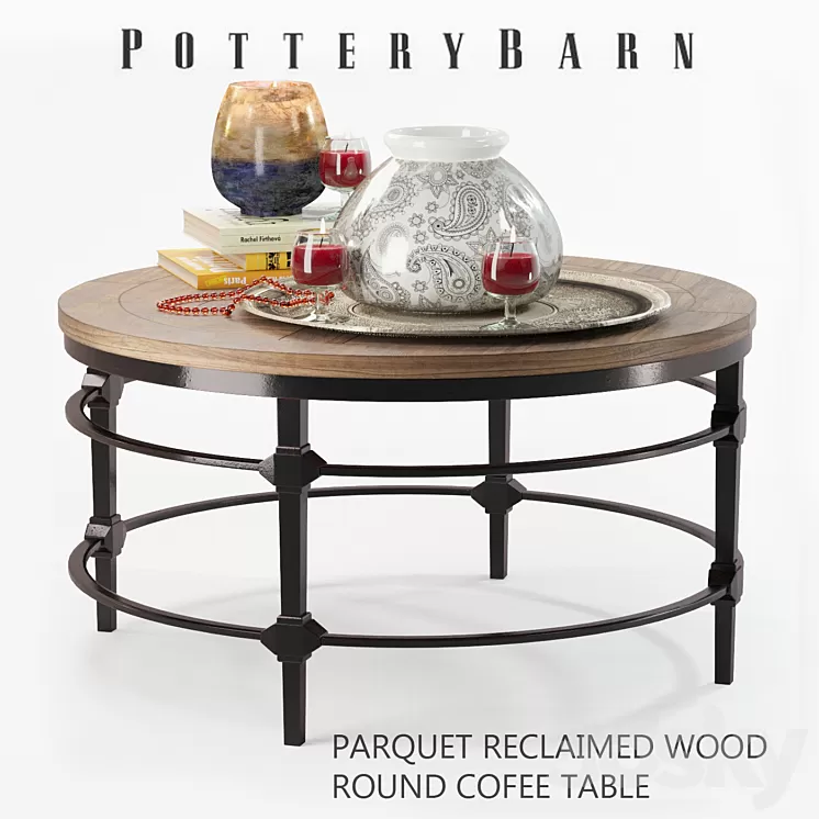 Parquet reclaimed wood round coffee table with decor 3D Model Parquet reclaimed wood round coffee table with decor 3D Model