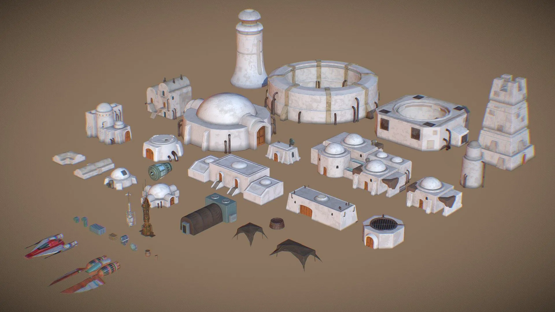 PBR Game 3D Models – 3D Lowpoly Star Wars Tatooine Houses Set