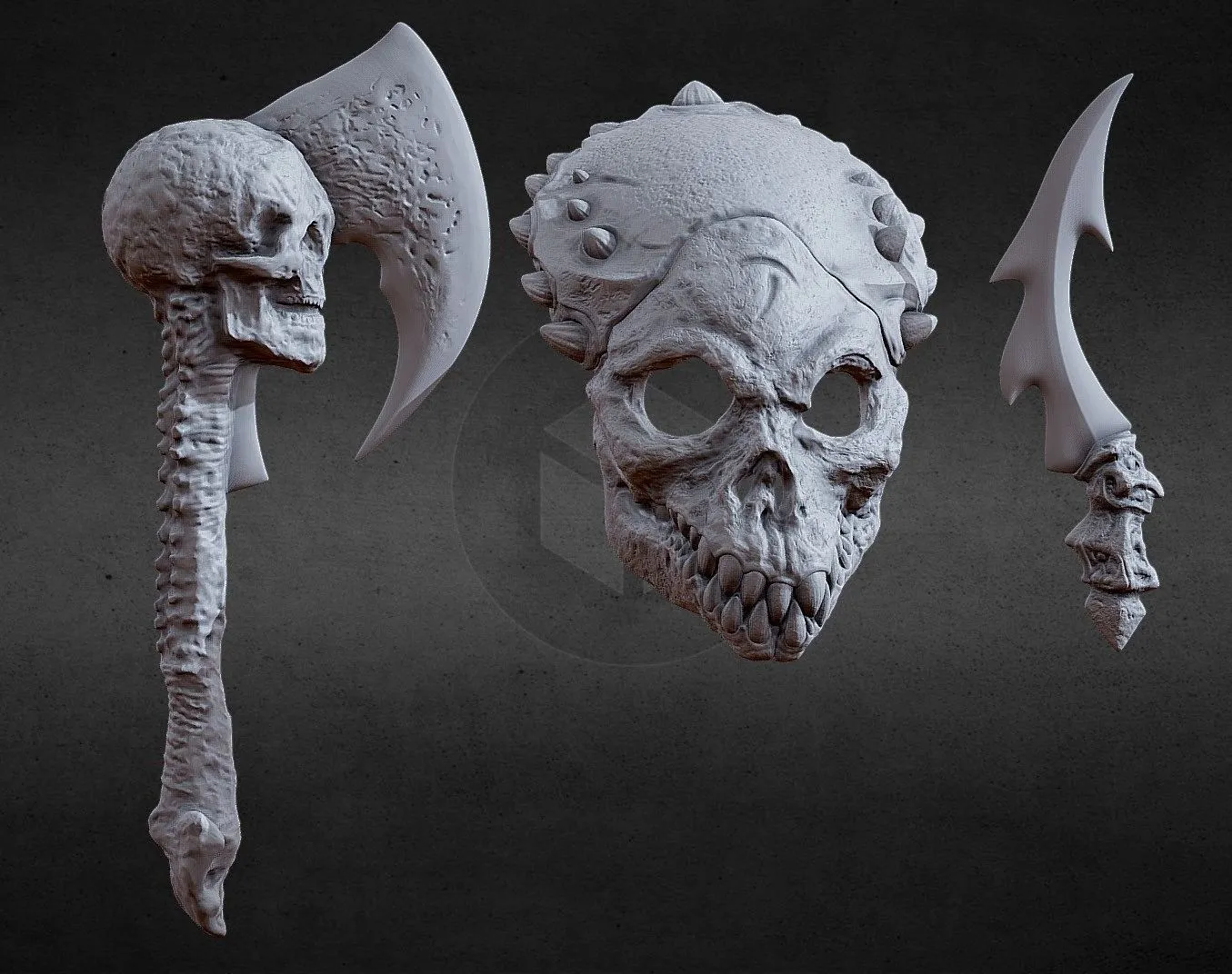 PBR Game 3D Models – 3Dprntabl Shaman Predator Biomask Axe And Dagger