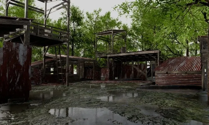 PBR Game 3D Models – Abandoned Wooden Shacks With Trees 3D Scene