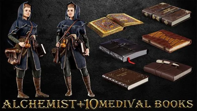 PBR Game 3D Models – ALCHEMIST WITH 10 MEDIVAL BOOKS