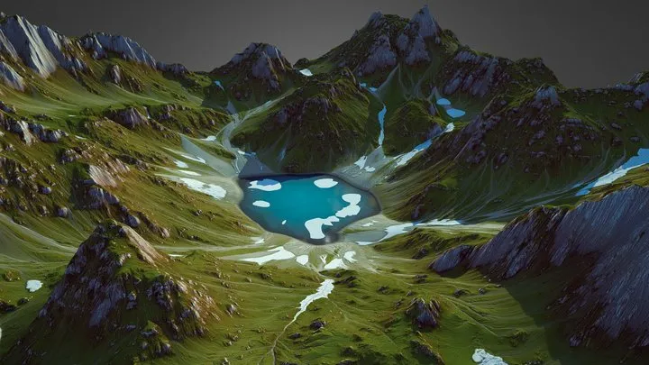 PBR Game 3D Models – Alpine Mountain Lake (World Machine)