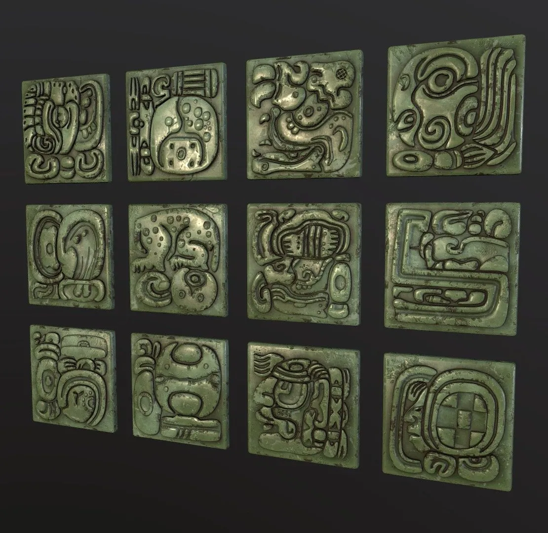 PBR Game 3D Models – Ancient Mayan Jade Tiles Lowpoly