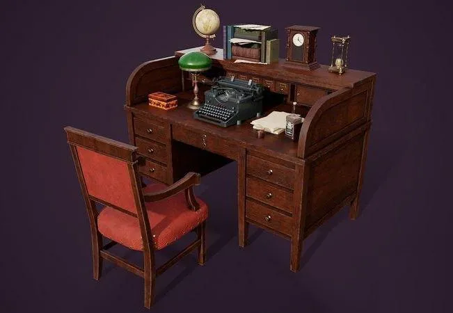 PBR Game 3D Models – Antique Desk With Miscellaneous