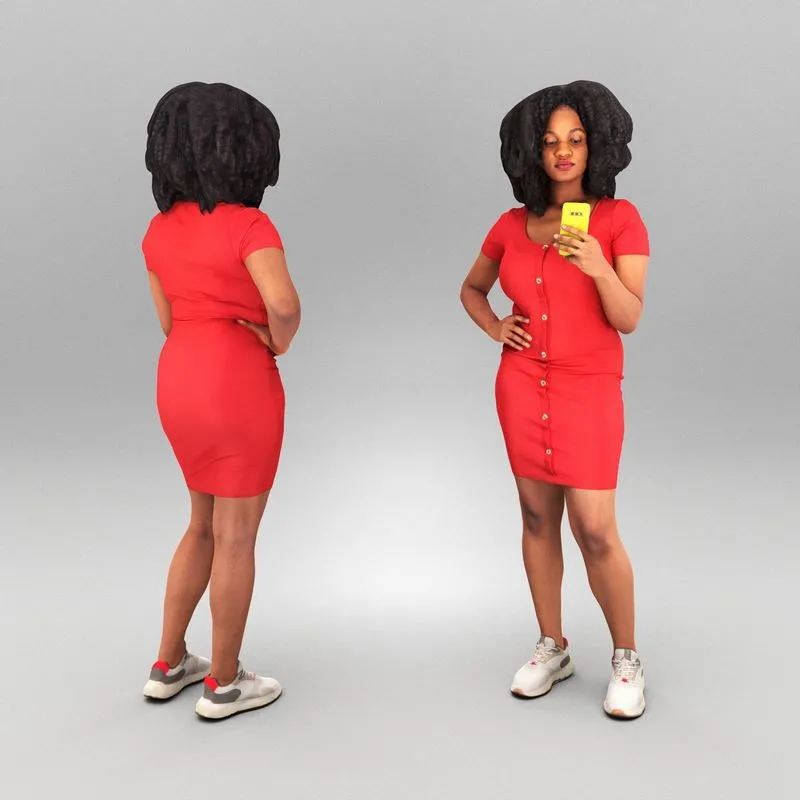 PBR Game 3D Models – Attractive woman in dress using smartphone 381