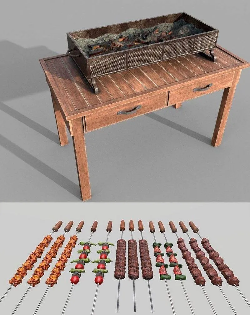PBR Game 3D Models – Barbeque Meat and Vegetables