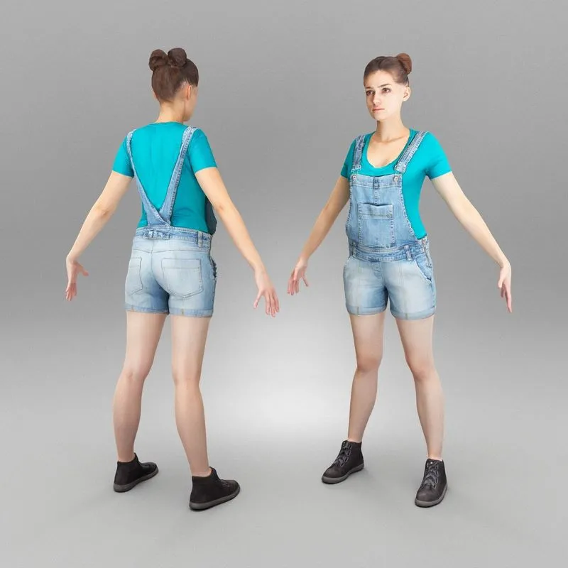 PBR Game 3D Models – Beautiful woman in jeans overalls in A-pose 408