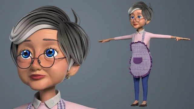 PBR Game 3D Models – Cartoon Old Woman GrandMa NoRig