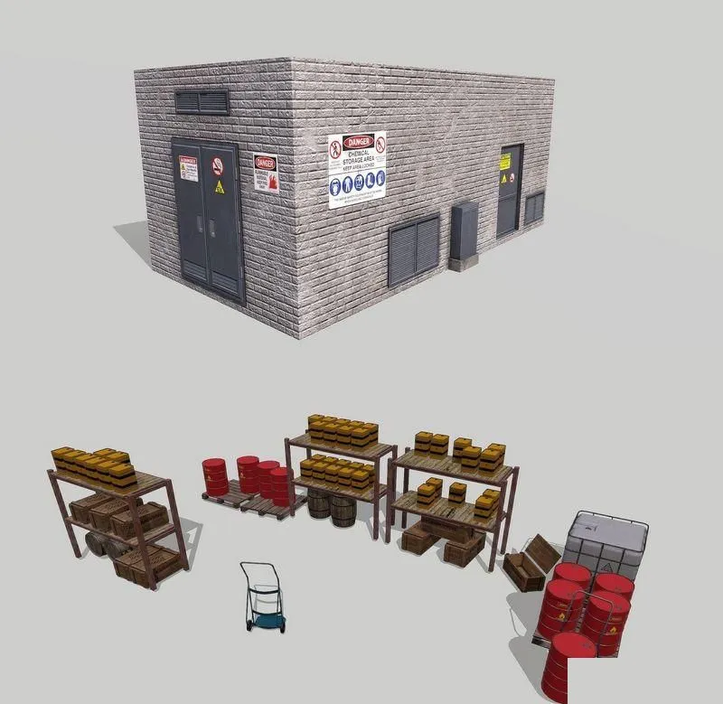 PBR Game 3D Models – Chemical Explosive Wharehouse and Chemical Containers