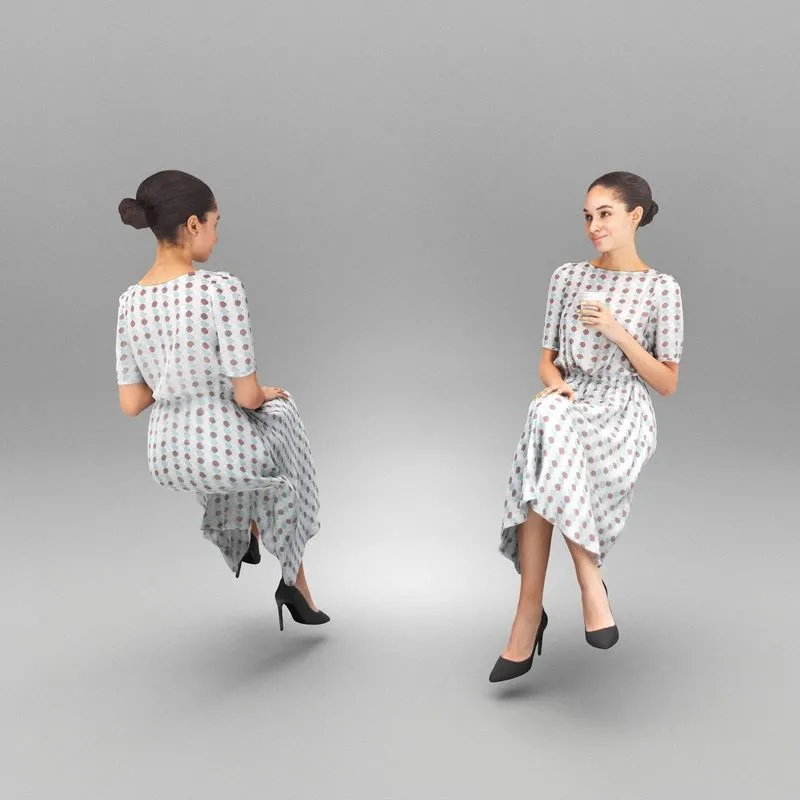 PBR Game 3D Models – Elegant woman in dress with coffee 333