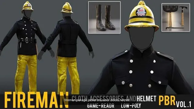 PBR Game 3D Models – Fireman pakage jacket trousers boots helmet