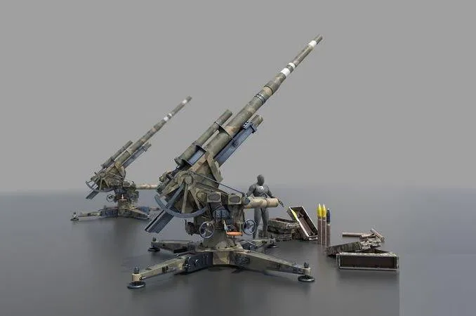 PBR Game 3D Models – Flak 88 mm anti air craft and anti Tank with ammo