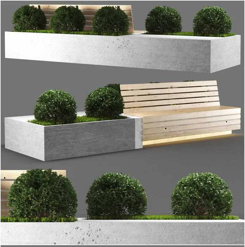 PBR Game 3D Models – Garden set, wooden bench with plants