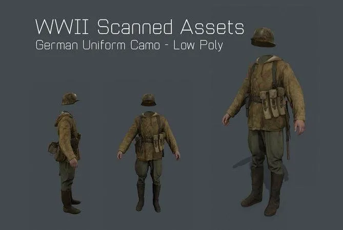 PBR Game 3D Models – German Uniform Camo – WW2 Scanned Asset Pack Low-poly