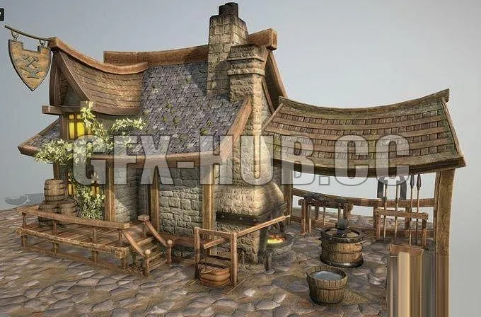 PBR Game 3D Models – gg-ff-xx()hh-uu-bb-BlackSmith Bulding