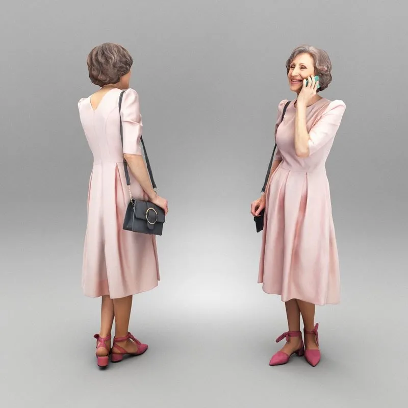 PBR Game 3D Models – Mature woman in dress talking on mobile phone 358