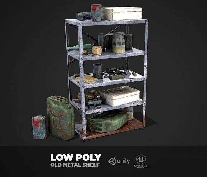 PBR Game 3D Models – Metal Shelf Collection with garbage