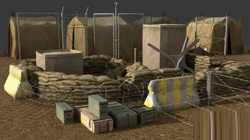 PBR Game 3D Models – Military Barricade tent sandbag Barbwire Barricade