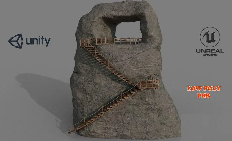 PBR Game 3D Models – Mountain and Wooden Stairs