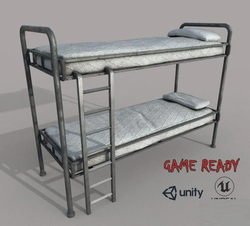 PBR Game 3D Models – Old Bunk Bed Mattress and Pillows