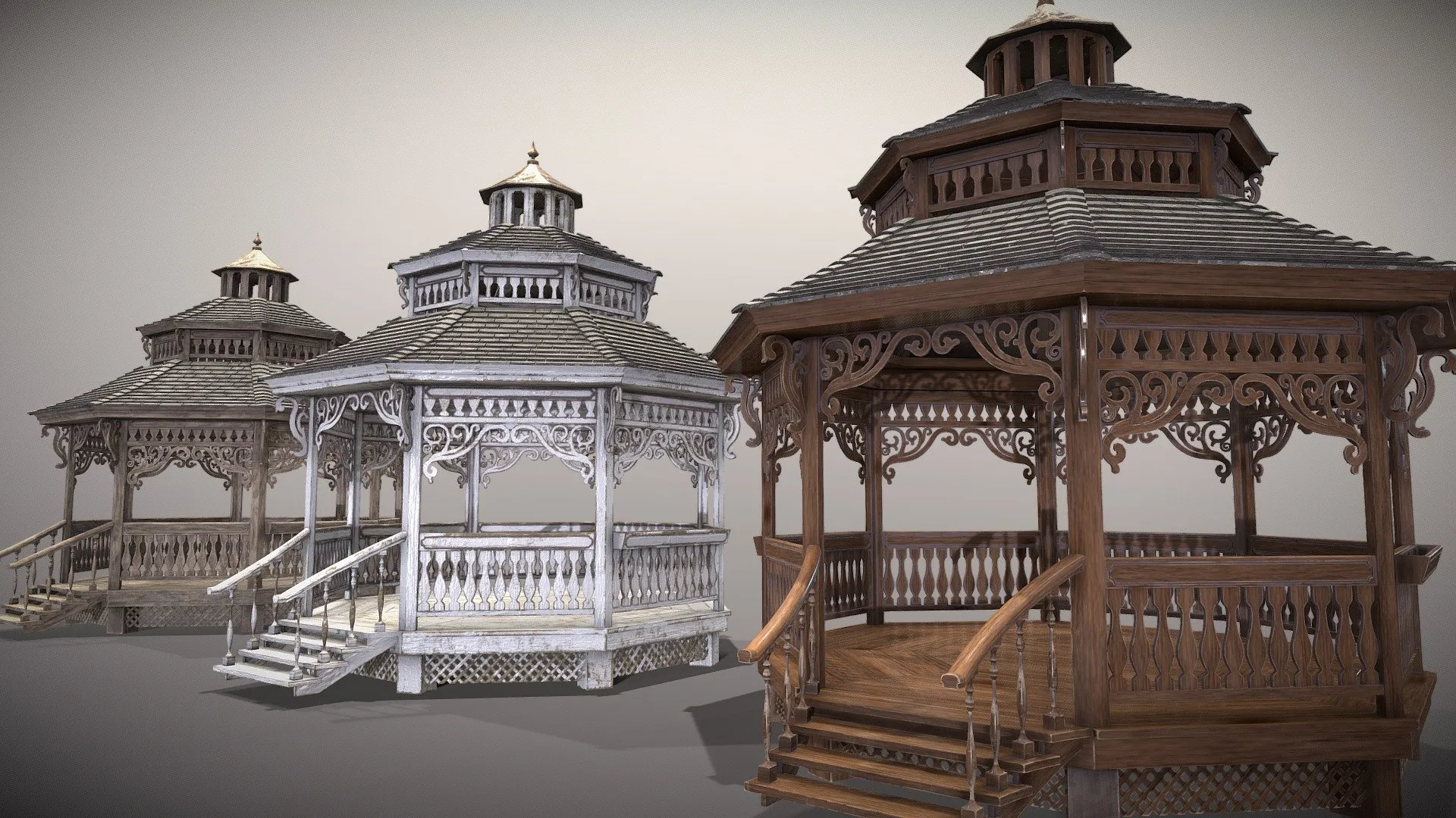 PBR Game 3D Models – Pack Of Wooden Gazebos