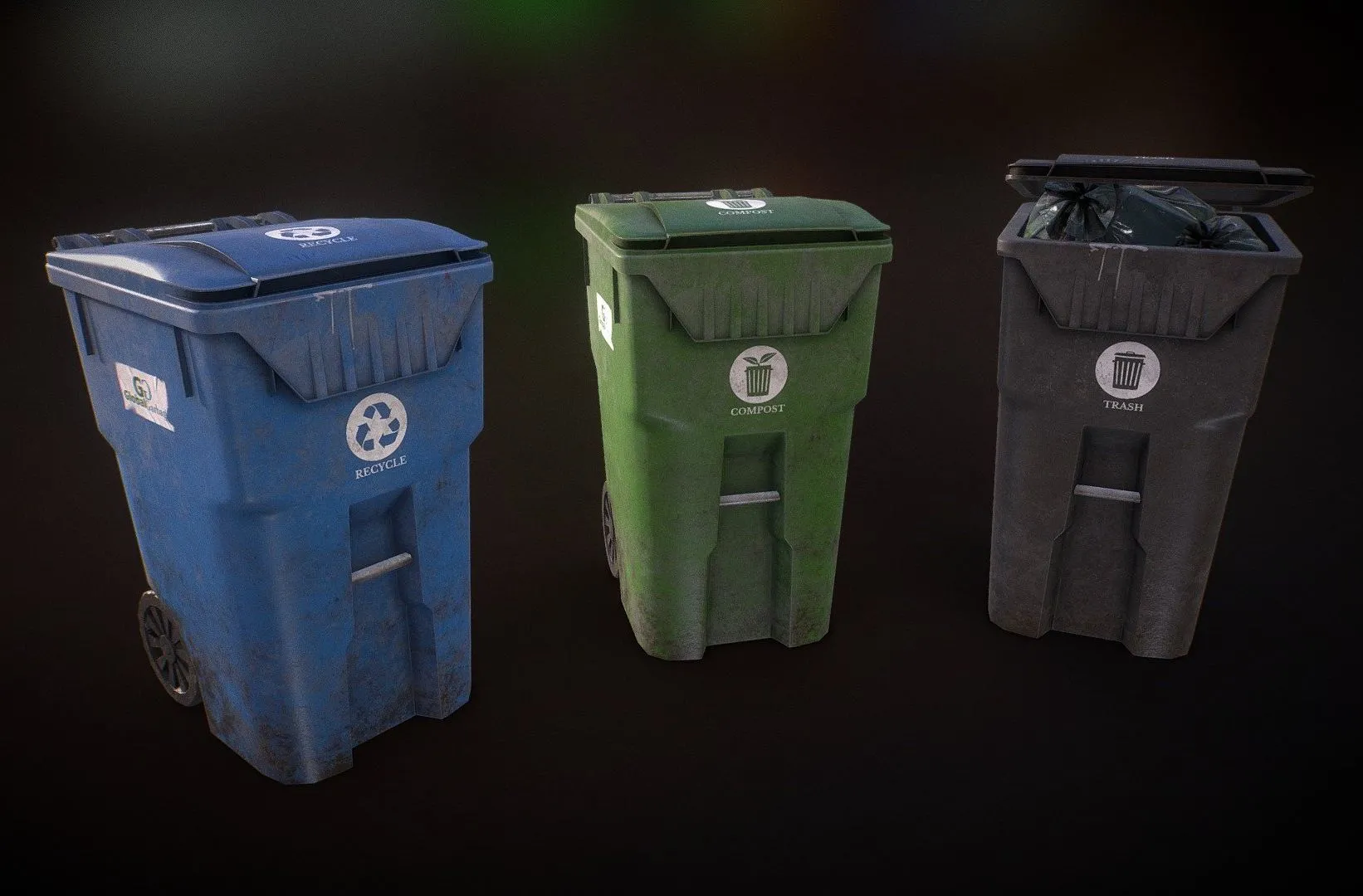 PBR Game 3D Models – Plastic Trash Bin With Garbage Bags Low Poly