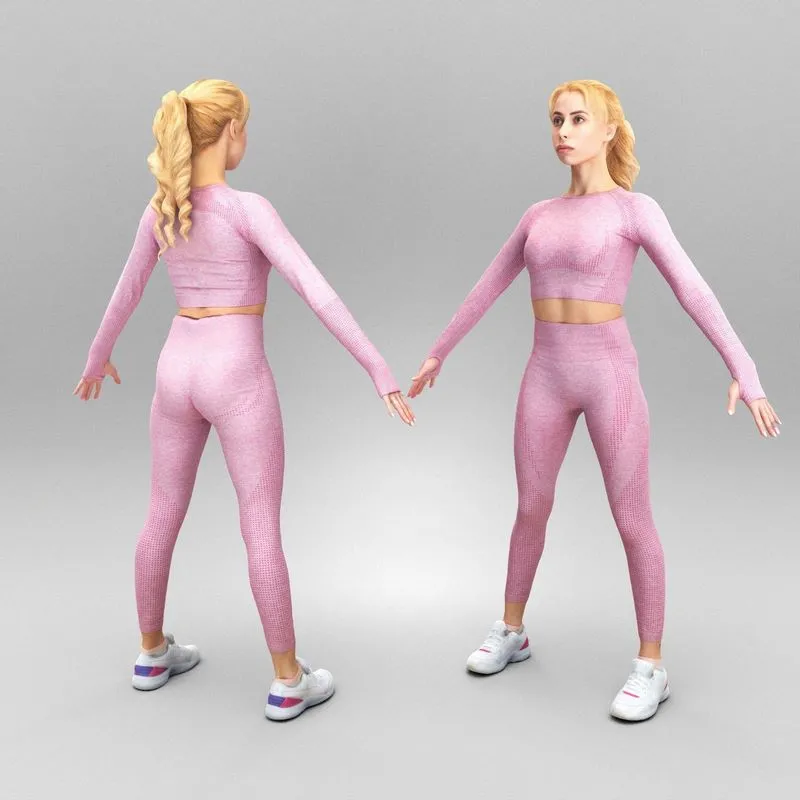 PBR Game 3D Models – Pretty woman in pink tracksuit in A-pose 416