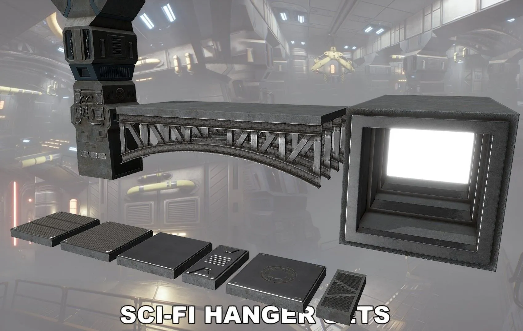 PBR Game 3D Models – Sci Fi Asset Hangerpack 001
