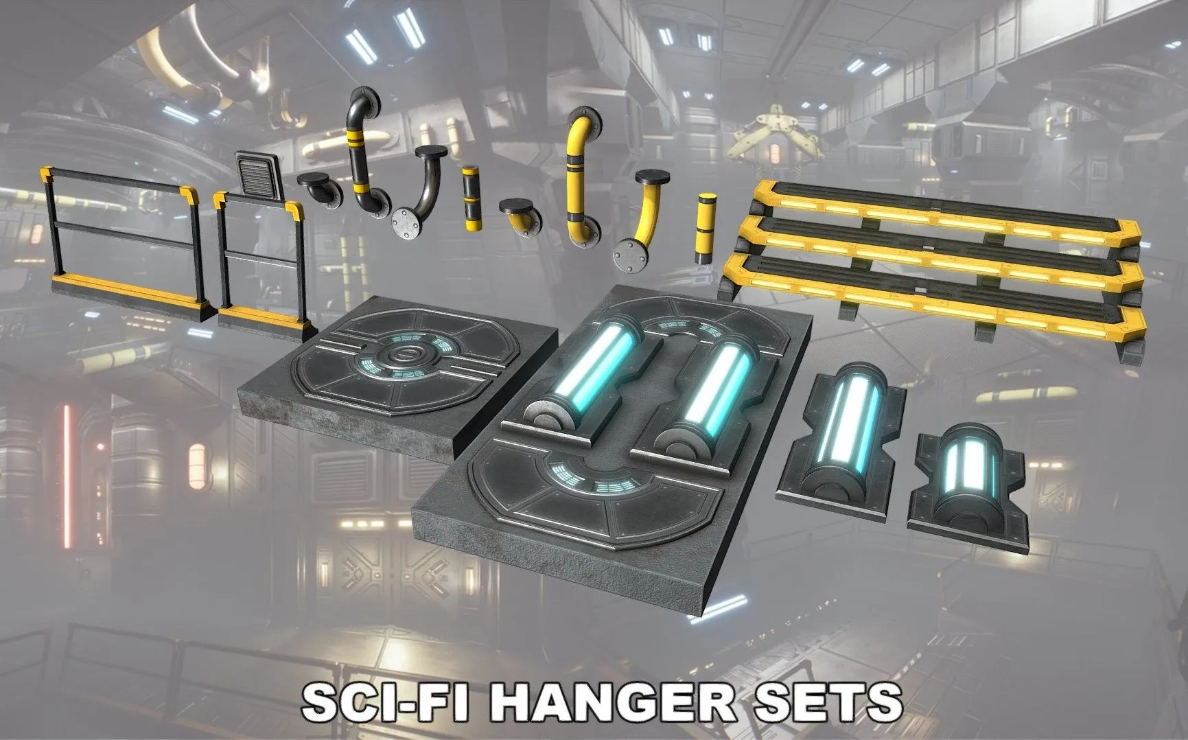 PBR Game 3D Models – Sci Fi Asset Hangerpack 002
