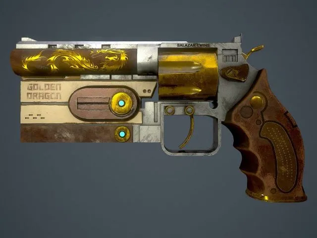 PBR Game 3D Models – SciFi Revolver – Golden Drago