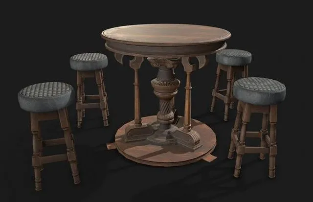 PBR Game 3D Models – Set of bar chairs and table