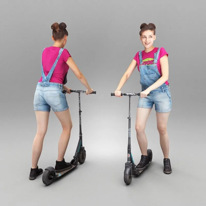 PBR Game 3D Models – Smiling young woman with scooter 360