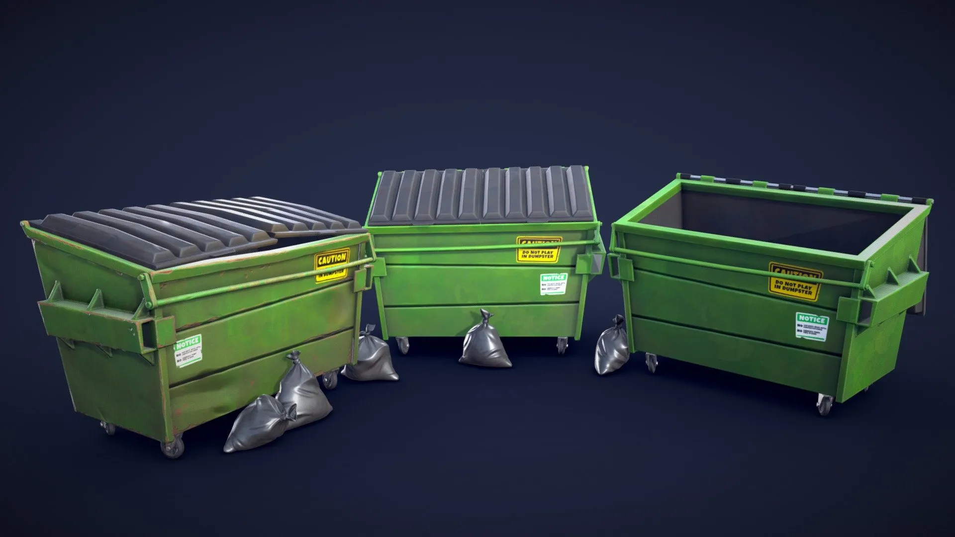 PBR Game 3D Models – Stylized Dumpster And Garbage Bags Low Poly