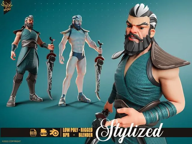 PBR Game 3D Models – Stylized Male Character Warrior – Armored – Rigged