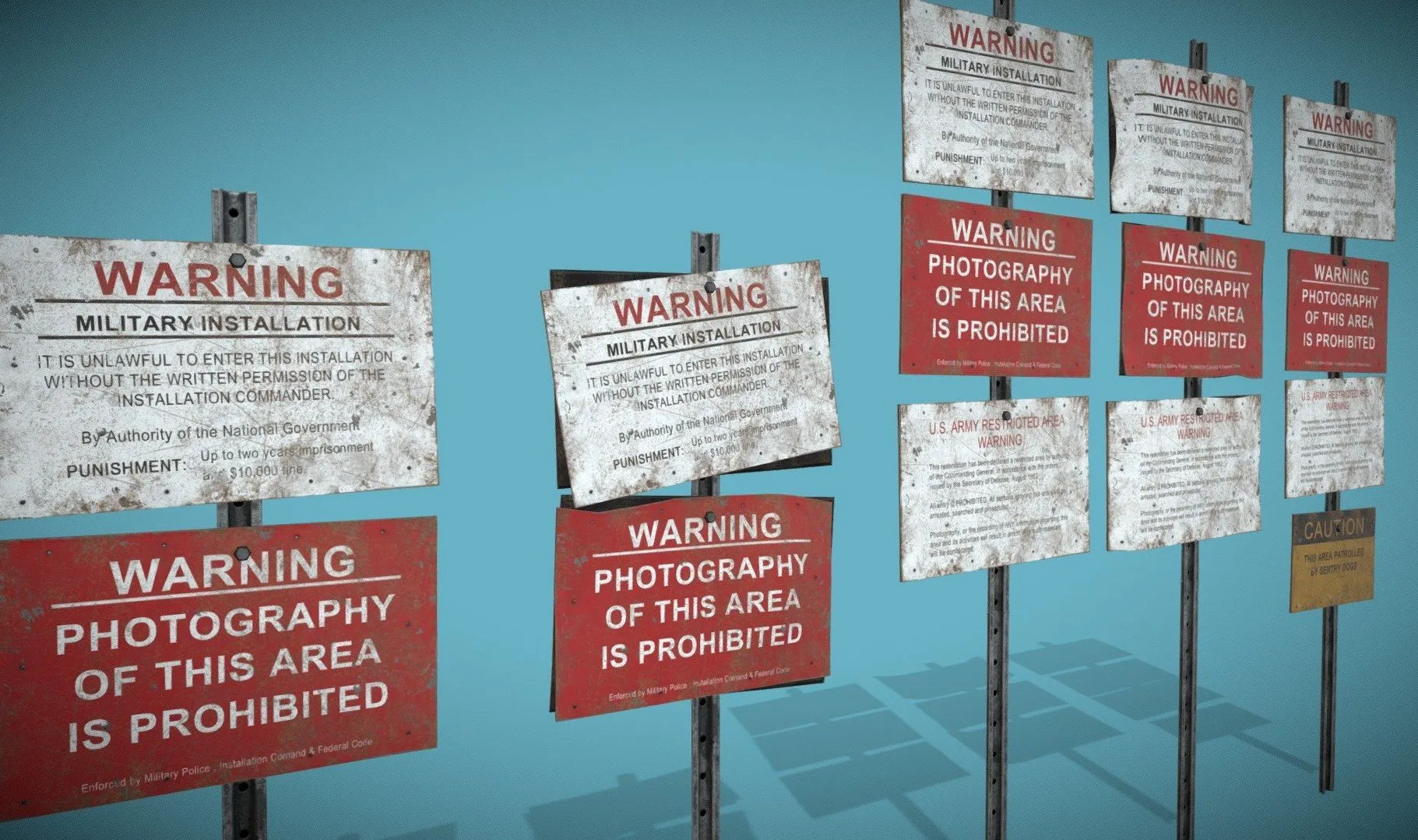PBR Game 3D Models – Top Secret Military Base Metal Warning Signs