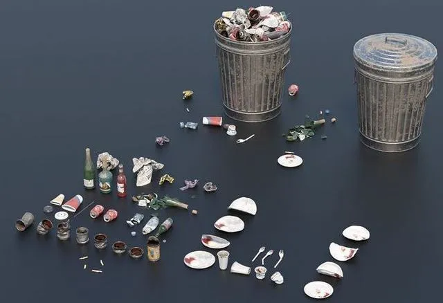 PBR Game 3D Models - Trash Set 2 pile of cans in can