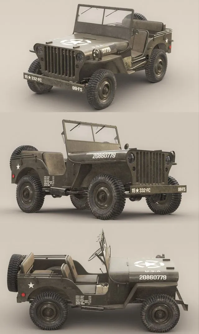 PBR Game 3D Models – US Army Willys Jeep -B