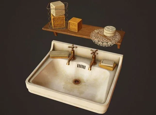 PBR Game 3D Models - Victorian Sink and Bath Props
