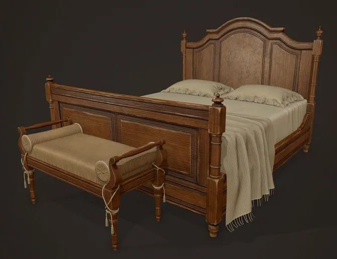 PBR Game 3D Models – Vintage Bed with Pouf