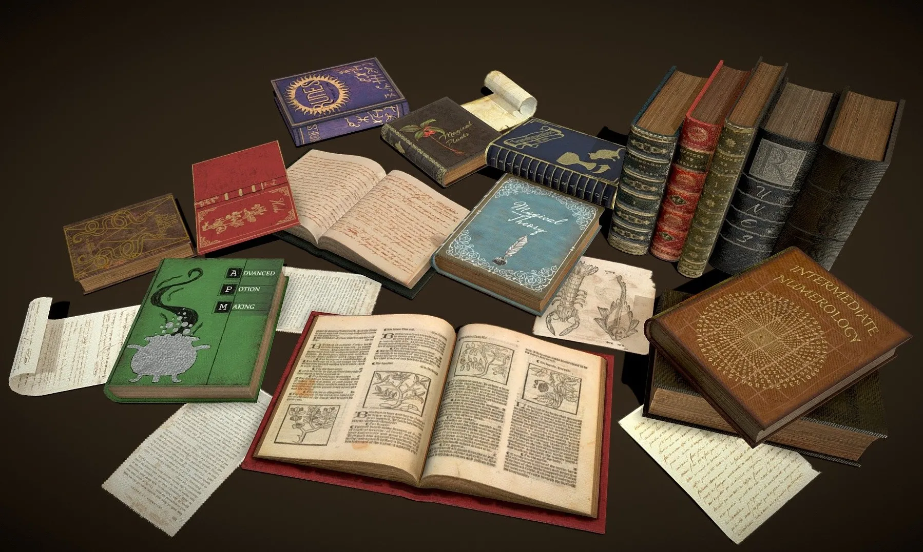 PBR Game 3D Models – Wizard Themed Books And Textbooks