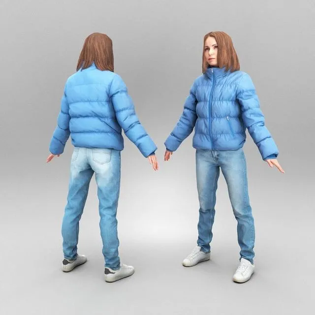 PBR Game 3D Models – Woman in puffer jacket in A-pose 375